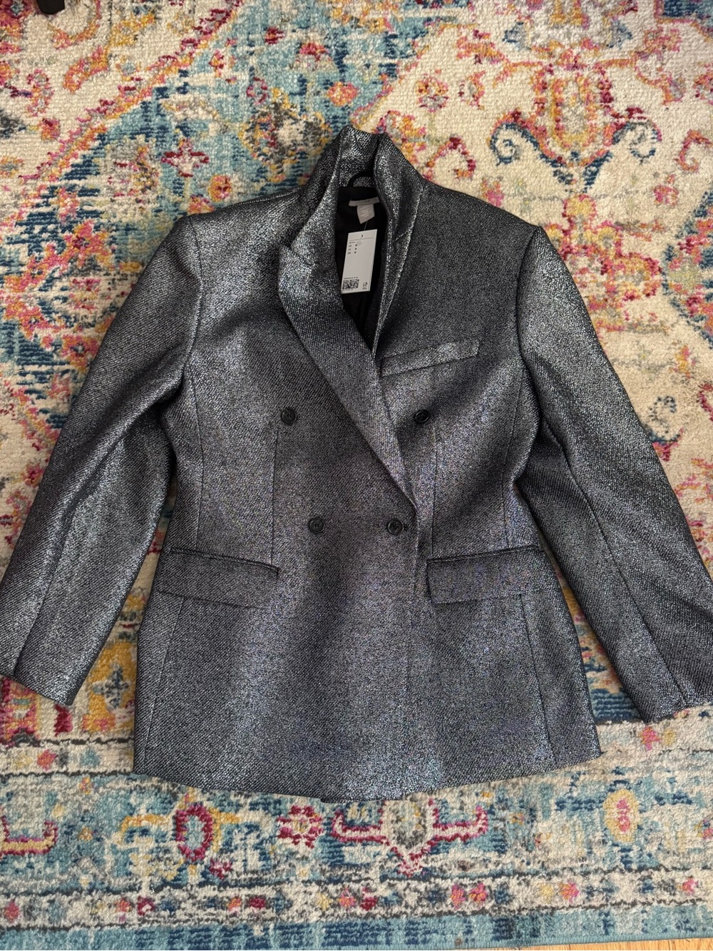 H&M Metallic Silver Double-Breasted Blazer & Skirt